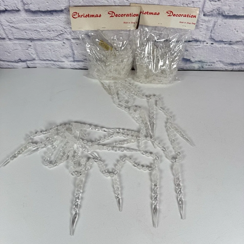 2 Vintage Beaded Icicle Garland Strands 7' Christmas Trim Frosted Clear Plastic